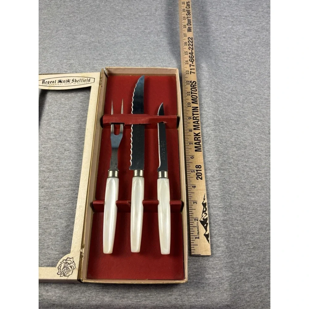 Vtg Regent Sheffield 3 Pc Party N Snack Host Serving Pearlex Handles Carving Set